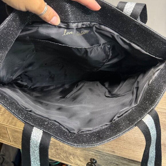 Victorias Secret Black Glitter Canvas Tote Bag With Logo & Striped Handles - Picture 9 of 9